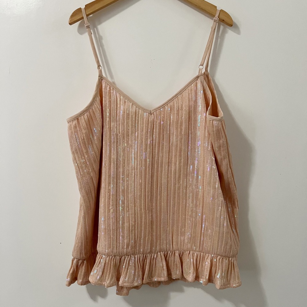 By Anthropologie Peach Iridescent Sequin Pleated Cami‎ Peplum Top US 10 UK 14